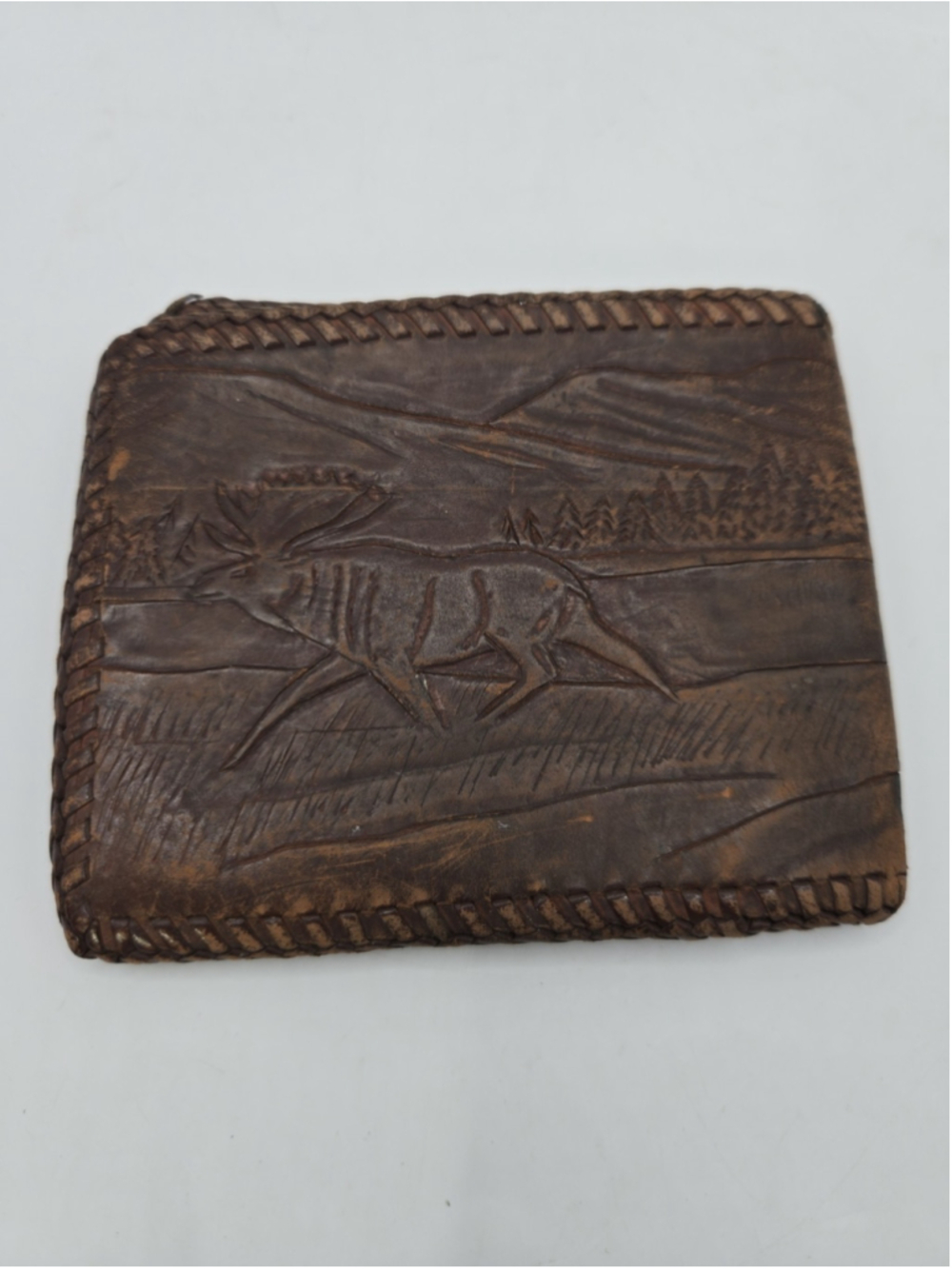 Handmade Brown Leather Bifold Wallet – Hand Tooled Elk Scene Rustic Western